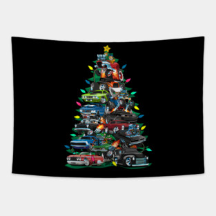 Car Madness Christmas Tree! Classic Muscle Cars and Hot Rods Tapestry