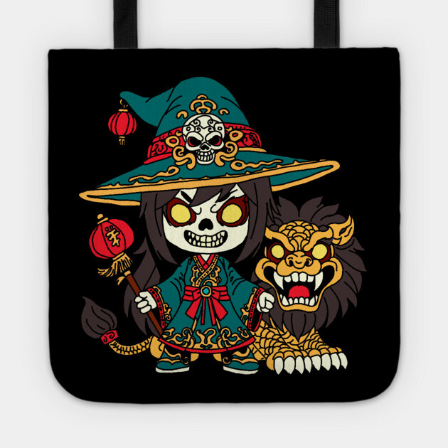 Cute Chinese New Years Witch and Lion Tote by H. R. Sinclair