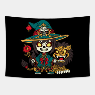Cute Chinese New Years Witch and Lion Tapestry