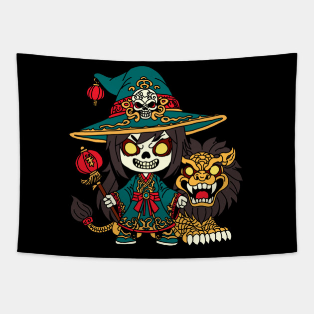 Cute Chinese New Years Witch and Lion Tapestry by H. R. Sinclair