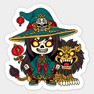 Cute Chinese New Years Witch and Lion Sticker