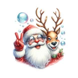 Christmas Santa Clause with Deer and Bubble T-Shirt