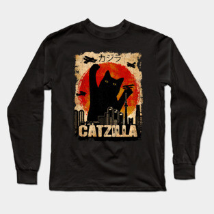 Vintage Catzilla Funny Black Cat Long Sleeve T-Shirt