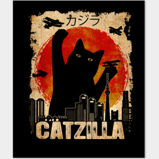 Vintage Catzilla Funny Black Cat Posters and Art