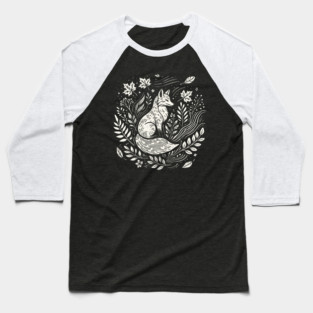 Cottagecore Woodland Fox with Botanical Elements in Monochrome Baseball T-Shirt