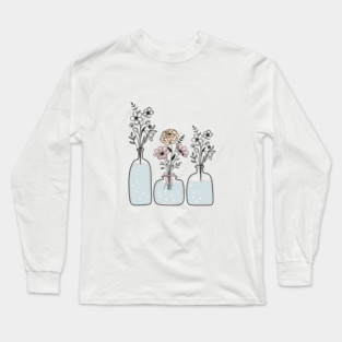 Floral Minimalist Boho Line Art, Boho Flower Vase, Boho Chic Gift, Modern Boho Style Long Sleeve T-Shirt