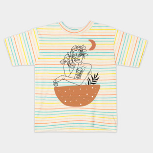 Boho Woman Line Art, Floral Mid Century Vintage Art,  BohoStyle Gift for mom, sister. 80s vibes , Christmas Gift Kids T-Shirt