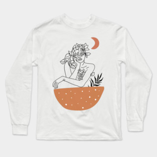 Boho Woman Line Art, Floral Mid Century Vintage Art,  BohoStyle Gift for mom, sister. 80s vibes , Christmas Gift Long Sleeve T-Shirt