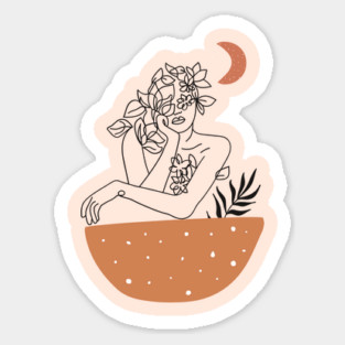 Boho Woman Line Art, Floral Mid Century Vintage Art,  BohoStyle Gift for mom, sister. 80s vibes , Christmas Gift Sticker