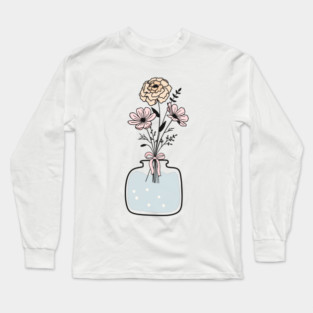 Pink Blue Floral Line Art Flower Vase, Christmas Gift for Flower Nature Lovers, Boho Art Long Sleeve T-Shirt