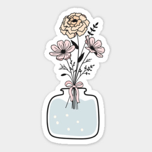 Pink Blue Floral Line Art Flower Vase, Christmas Gift for Flower Nature Lovers, Boho Art Sticker