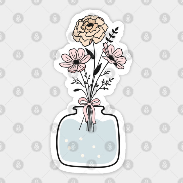Pink Blue Floral Line Art Flower Vase, Christmas Gift for Flower Nature Lovers, Boho Art Sticker by CrystalJ 