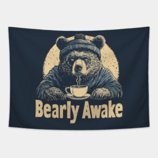 Bearly Awake Coffee Lover Bear Vintage Style Tapestry
