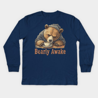 Bearly Awake Coffee Lover Bear - Comic Book Style Kids Long Sleeve T-Shirt