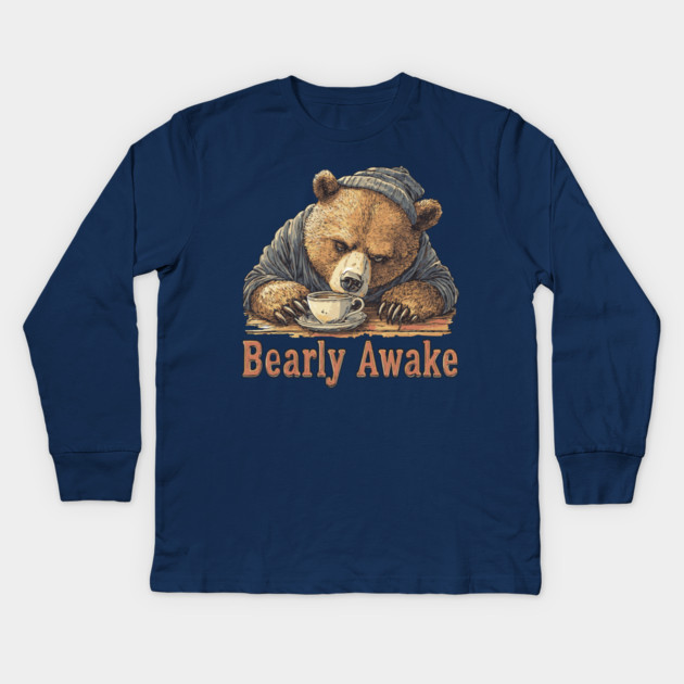 Bearly Awake Coffee Lover Bear - Comic Book Style Kids Long Sleeve T-Shirt by TuncGK