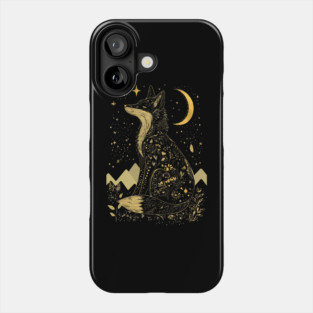 Neo Folk Fox under Crescent Moon - Art Nouveau Line Art Phone Case