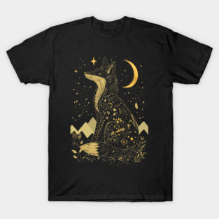 Neo Folk Fox under Crescent Moon - Art Nouveau Line Art T-Shirt