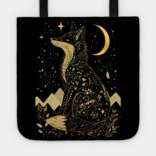 Neo Folk Fox under Crescent Moon - Art Nouveau Line Art Tote
