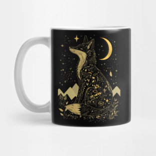 Neo Folk Fox under Crescent Moon - Art Nouveau Line Art Mug