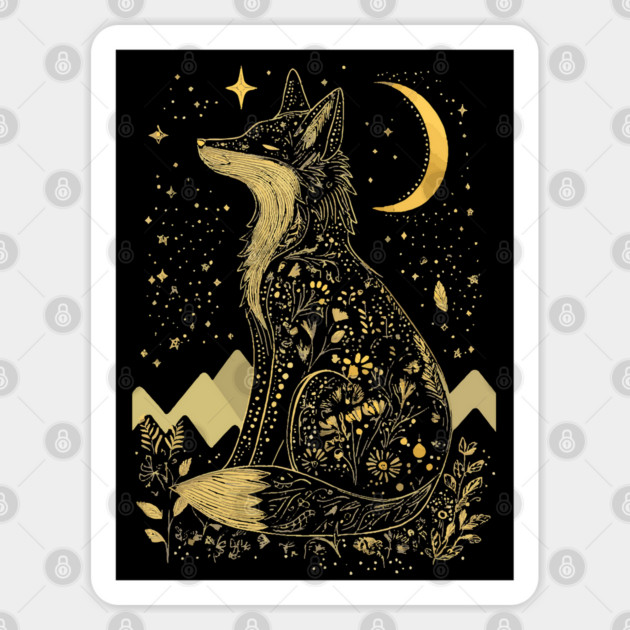 Neo Folk Fox under Crescent Moon - Art Nouveau Line Art Sticker by TuncGK