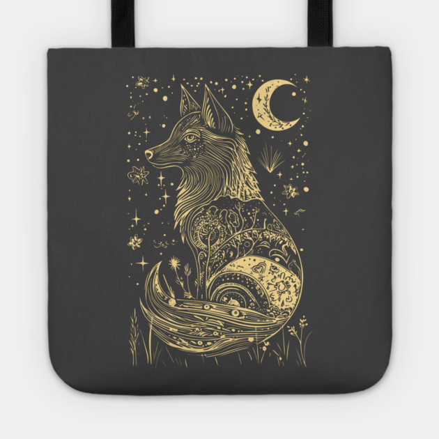 Neo Folk Wolf at Night - Boho Style Tote by TuncGK