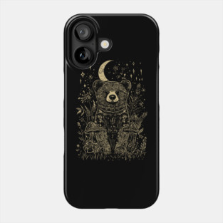 Neo Folk Grizzly under Crescent Moon - Line Art Phone Case