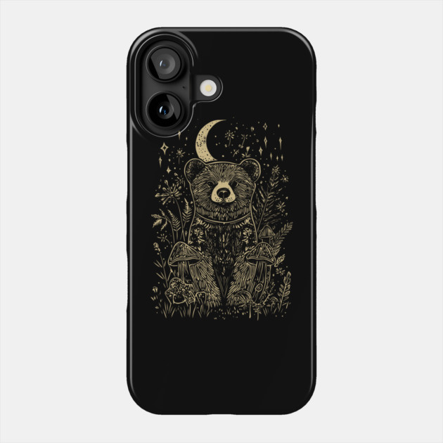 Neo Folk Grizzly under Crescent Moon - Line Art Phone Case by TuncGK