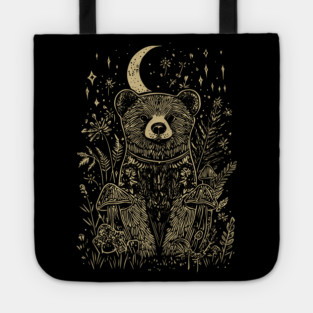 Neo Folk Grizzly under Crescent Moon - Line Art Tote