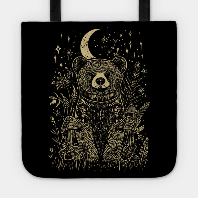 Neo Folk Grizzly under Crescent Moon - Line Art Tote by TuncGK