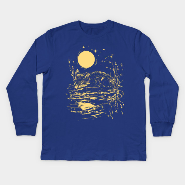 Alone at Night - Neo Folk Fox Sleeping Kids Long Sleeve T-Shirt by TuncGK