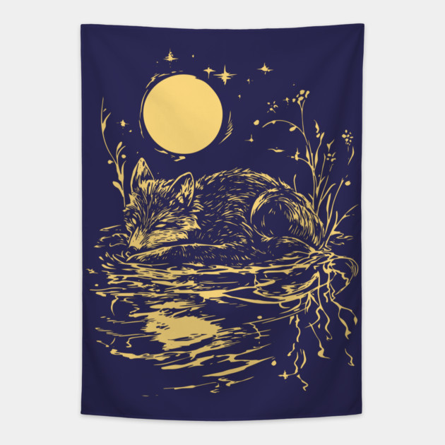 Alone at Night - Neo Folk Fox Sleeping Tapestry by TuncGK