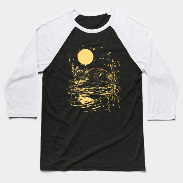 Alone at Night - Neo Folk Fox Sleeping Baseball T-Shirt by TuncGK