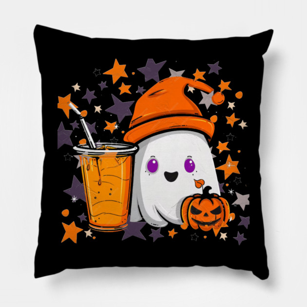Cute Ghost Pumpkin Spice Drink Pillow by Db Printed