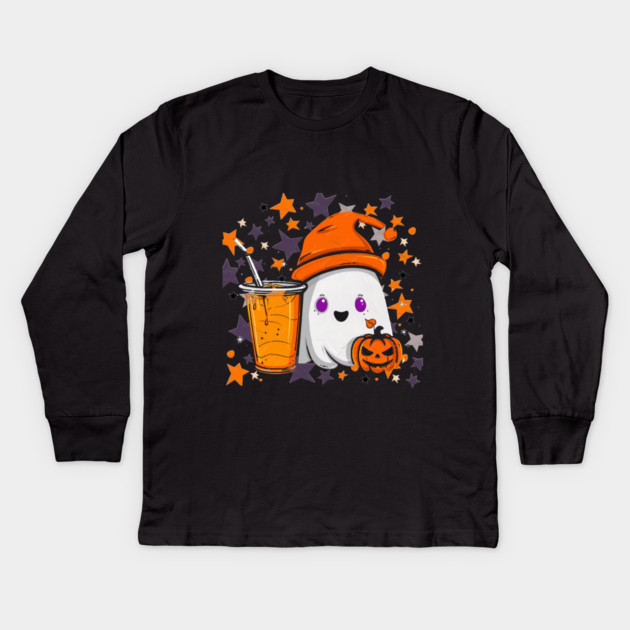 Cute Ghost Pumpkin Spice Drink Kids Long Sleeve T-Shirt by Db Printed