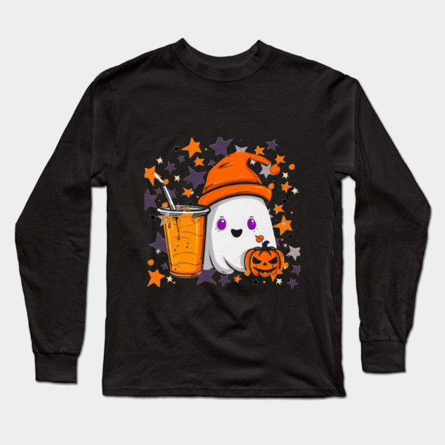Cute Ghost Pumpkin Spice Drink Long Sleeve T-Shirt by Db Printed