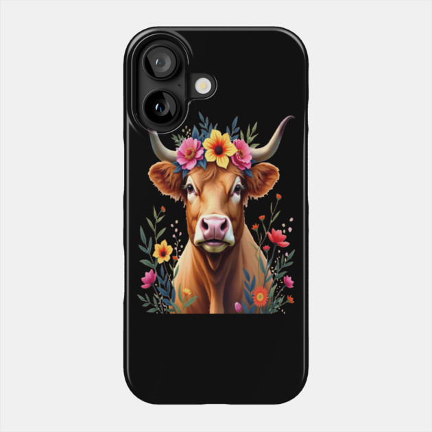 Cute Highland Cow Surrounded by Vibrant Flowers Farm Animals Phone Case by BirdsnStuff