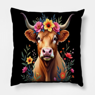 Cute Highland Cow Surrounded by Vibrant Flowers Farm Animals Pillow