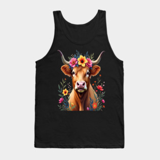 Cute Highland Cow Surrounded by Vibrant Flowers Farm Animals Tank Top