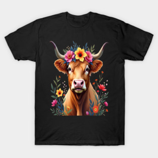 Cute Highland Cow Surrounded by Vibrant Flowers Farm Animals T-Shirt