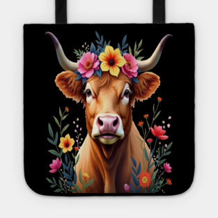 Cute Highland Cow Surrounded by Vibrant Flowers Farm Animals Tote