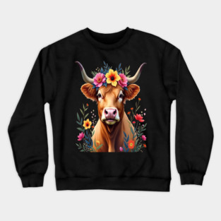 Cute Highland Cow Surrounded by Vibrant Flowers Farm Animals Crewneck Sweatshirt