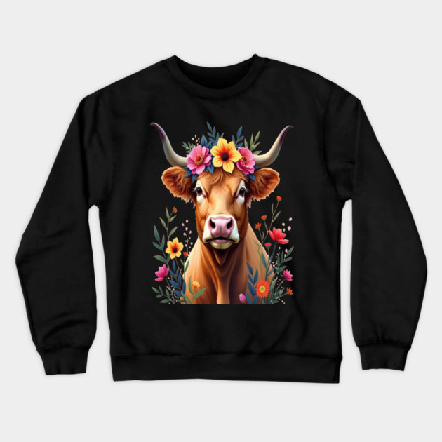Cute Highland Cow Surrounded by Vibrant Flowers Farm Animals Crewneck Sweatshirt by BirdsnStuff