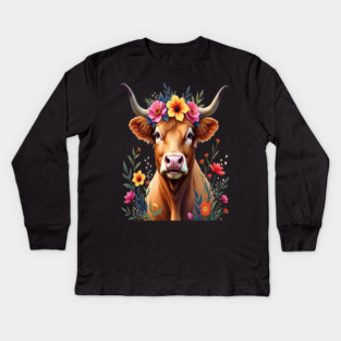 Cute Highland Cow Surrounded by Vibrant Flowers Farm Animals Kids Long Sleeve T-Shirt