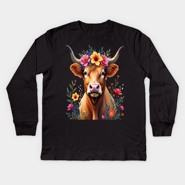 Cute Highland Cow Surrounded by Vibrant Flowers Farm Animals Kids Long Sleeve T-Shirt by BirdsnStuff