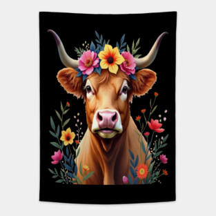 Cute Highland Cow Surrounded by Vibrant Flowers Farm Animals Tapestry