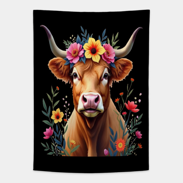 Cute Highland Cow Surrounded by Vibrant Flowers Farm Animals Tapestry by BirdsnStuff