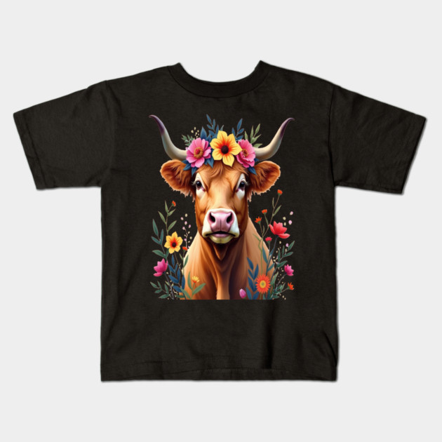 Cute Highland Cow Surrounded by Vibrant Flowers Farm Animals Kids T-Shirt by BirdsnStuff