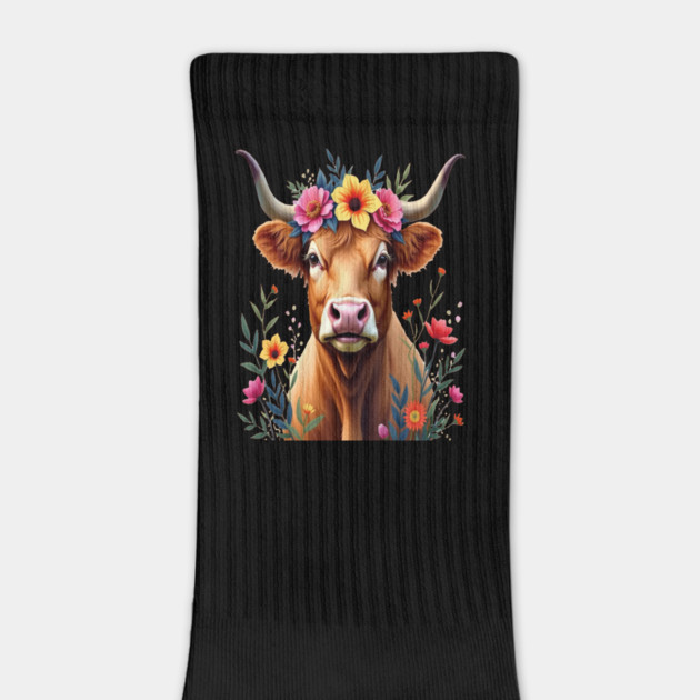 Cute Highland Cow Surrounded by Vibrant Flowers Farm Animals by BirdsnStuff