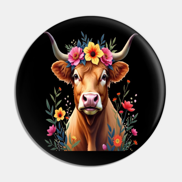 Cute Highland Cow Surrounded by Vibrant Flowers Farm Animals Pin by BirdsnStuff