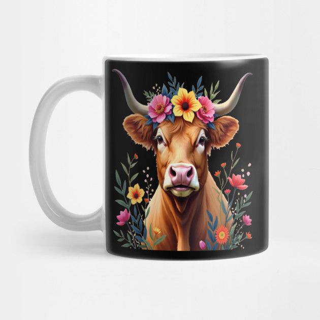 Cute Highland Cow Surrounded by Vibrant Flowers Farm Animals by BirdsnStuff
